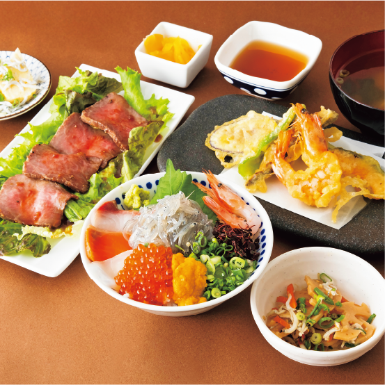 ミニ海鮮丼 広島県産峠下牛ローストビーフ御膳