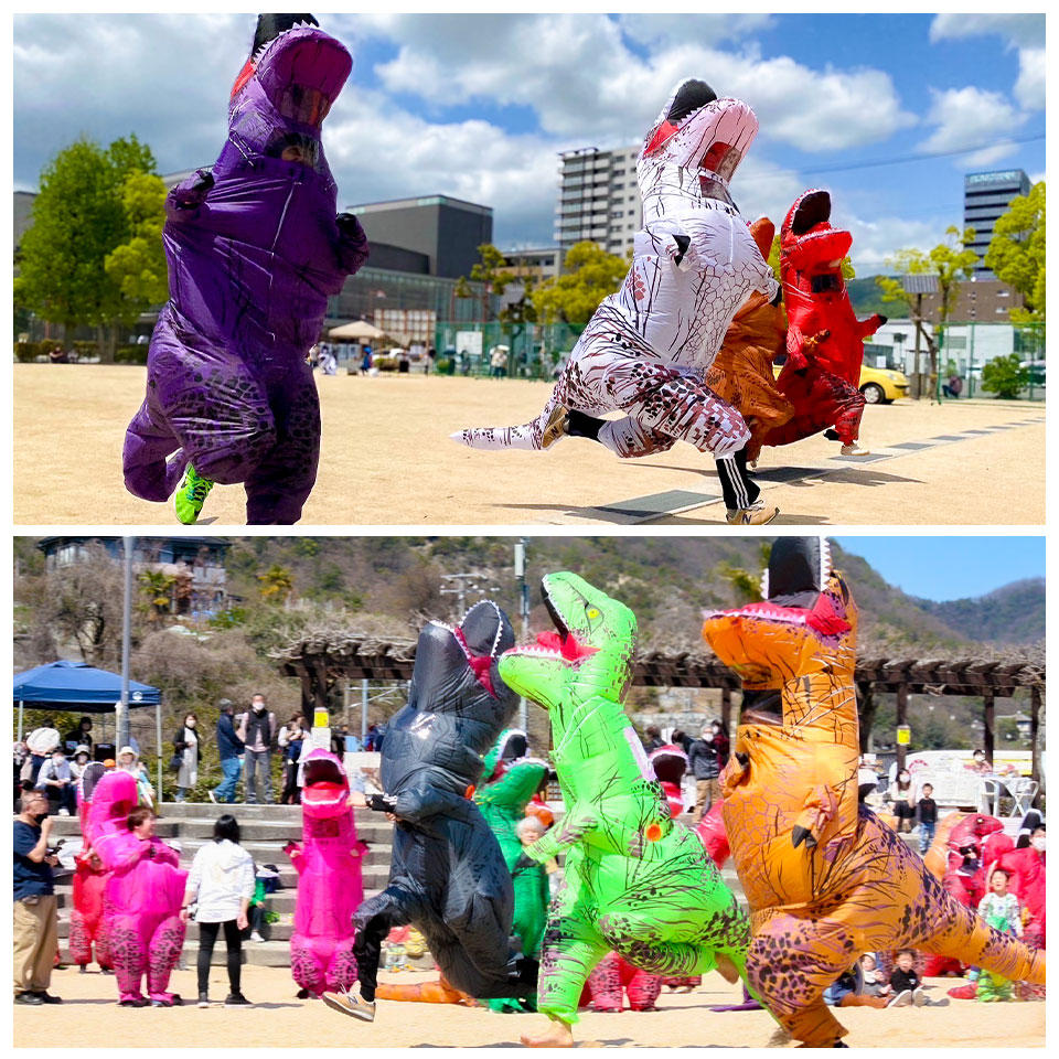 『かいじゅうマルシェ with 広島ティラノレース』のイメージ写真。上下2枚の写真があり、いずれもティラノサウルスの着ぐるみを着て参加者が競走している様子
